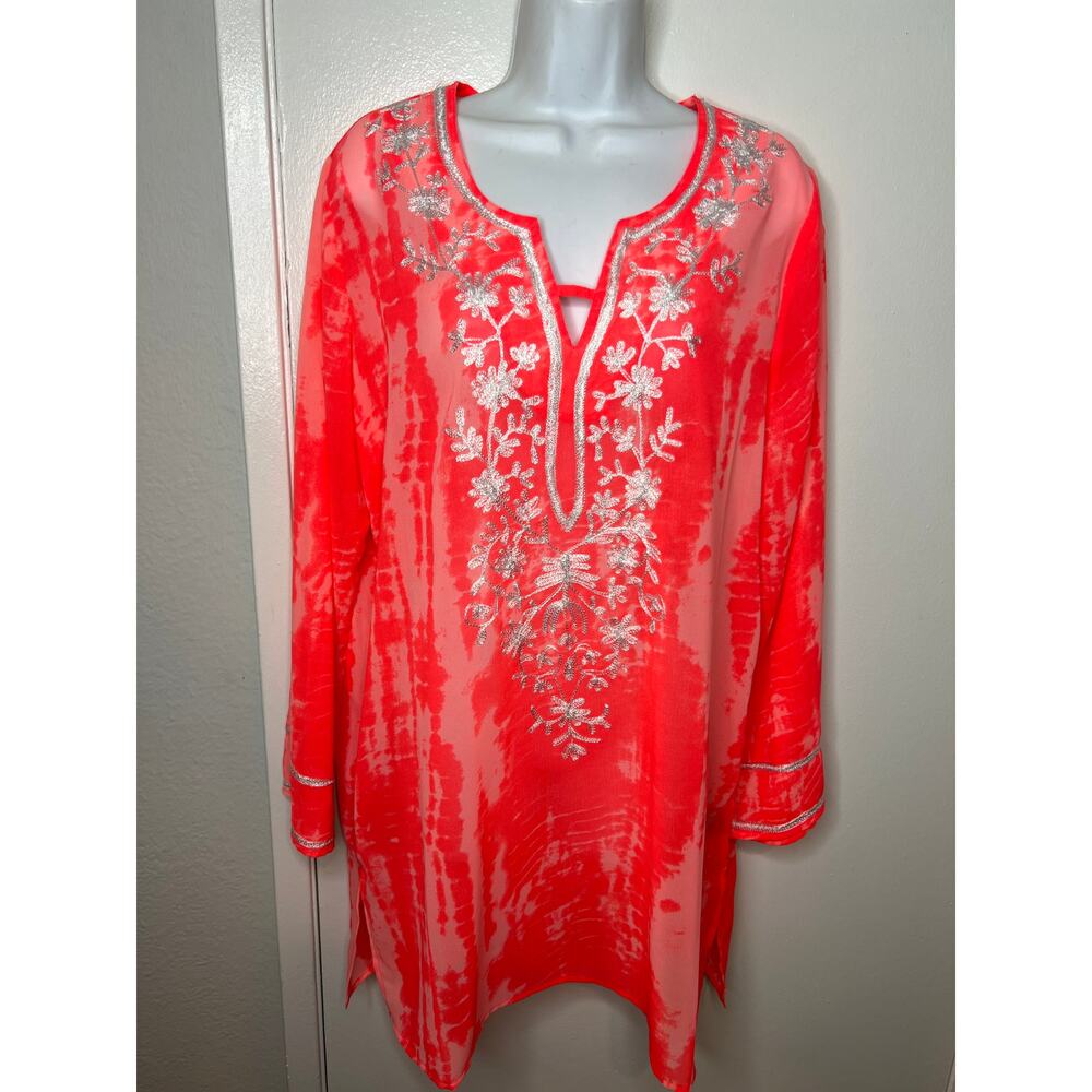Fig & Vine Women's Sheer Embroidered Swimsuit Cover Up Hot Pink ~ Size L